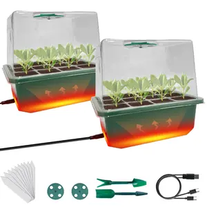 Seed Starter Kit with Integrated Heat, 24-Cell Plant Starter Tray Set, 2-Pack Propagation Trays with Humidity Dome, Mini Greenhouse Germination Kit for Seedlings, Plant Growing Set