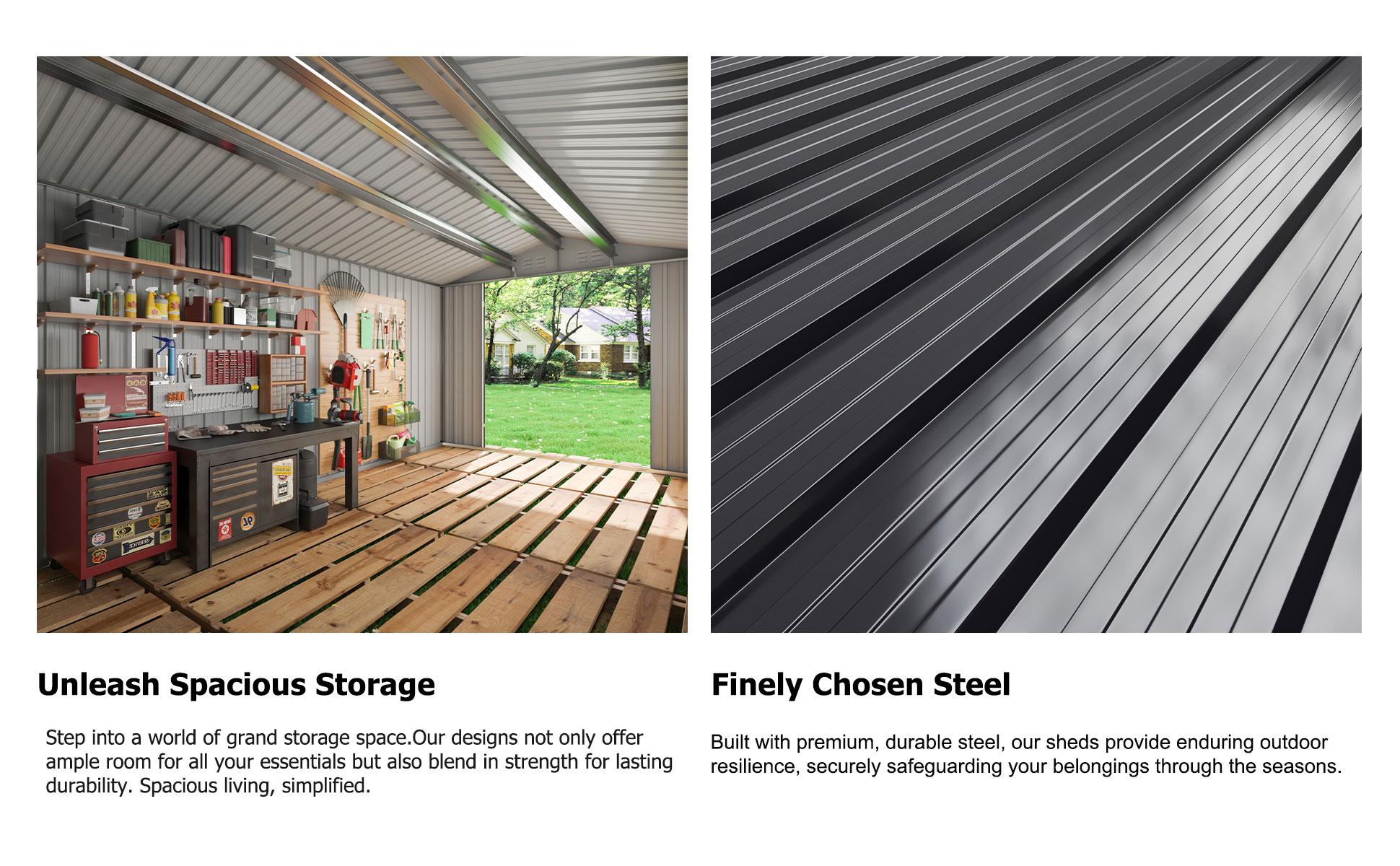 10x14 Outdoor Storage Shed, Garden Shed with Updated Frame Structure and Lockable Doors, Metal Tool Sheds for Backyard Garden Patio Lawn, White 10x14 Outdoor Storage Shed, Garden Shed with Updated Frame Structure and Lockable Doors, Metal Tool Sheds for Backyard Garden Patio Lawn, White