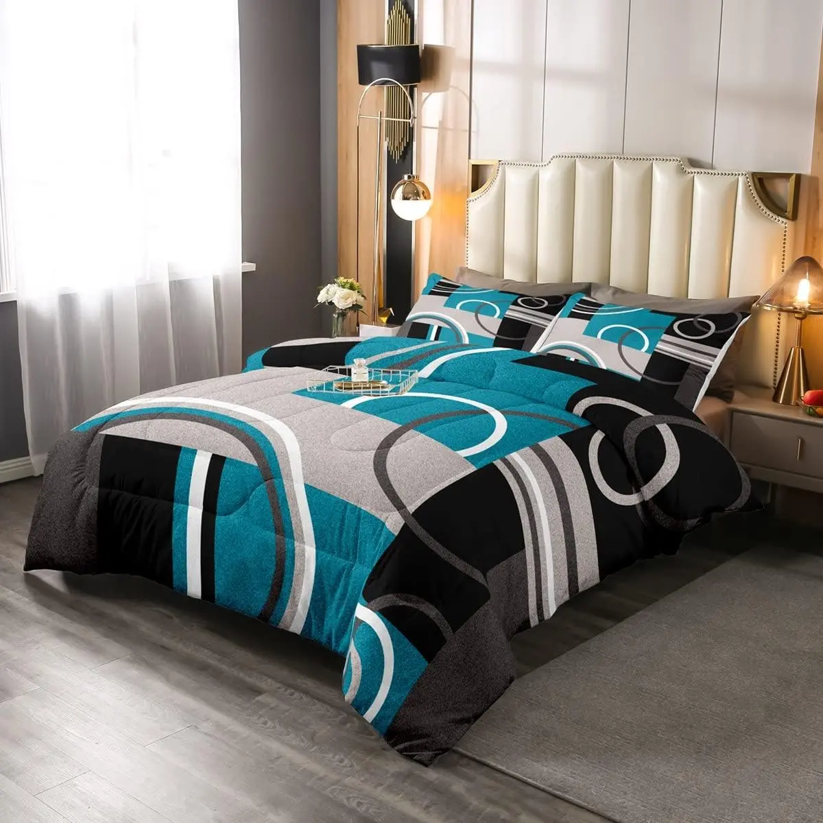 Feelyou Queen Size Microfiber Comforter Set - Modern Turquoise Decor, Gray-Black-Blue Stripe Geometric, Retro Circle Swirls, Texture Color Art Decorative Bedding Set, Microfiber Bedding Set