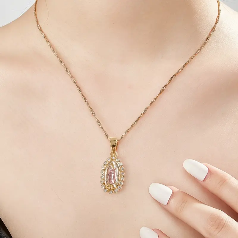 1pc Women's 14K Virgin Mary Mama Our Lady Guadalupe Pendant Necklace, 1.2mm Wave Chain, Unisex Jewelry, 18 Inch, Perfect Religious Gift, Faith Style Necklaces