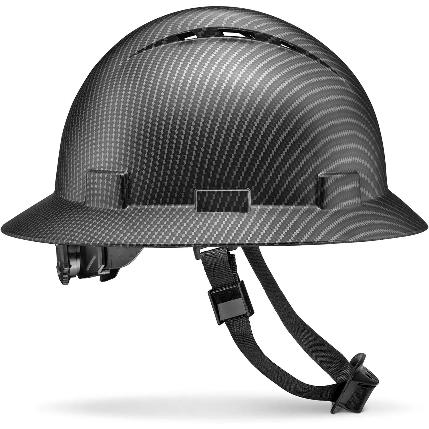 Adult Full Brim Hard Hat - Vented Class C Premium Carbon Look HDPE Strong, 6-Point Adjustable Ratchet Suspension, Padded Harness, Soft Brow Pad, Cooling System, Chin Strap, 1.3lb Head Protection for Construction Sports & Outdoor Safety Gear, 6-Point Ratch