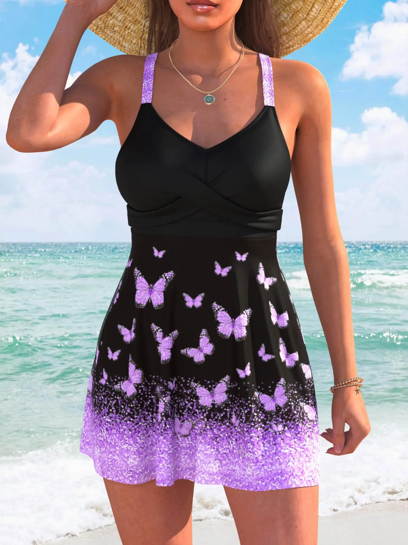 Women's Plus Size Fashion Sexy Cross Back Butterfly Print Party One-Piece Sheer Dress Swimsuit, Casual Striped Style Skirted Swim Dress Swimwear Dress Summer Swimdress Summer Swimsuits