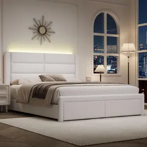 HOMBCK Upholstered Bed Frame with Headboard and LED Lights, Modern Faux Leather Bed Frame with Wooden Slats Support and Heavy Duty Mattress Foundation, No Box Spring Needed, Easy Assembly