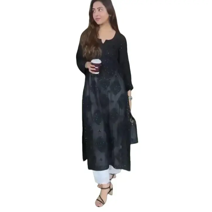 Black Color size 40 Designer Salwar Suit With Cotton Thread Embroidery With Palazzo Chikankari work long length 48in Kurti Palazzo Set women's chikankari kurta set