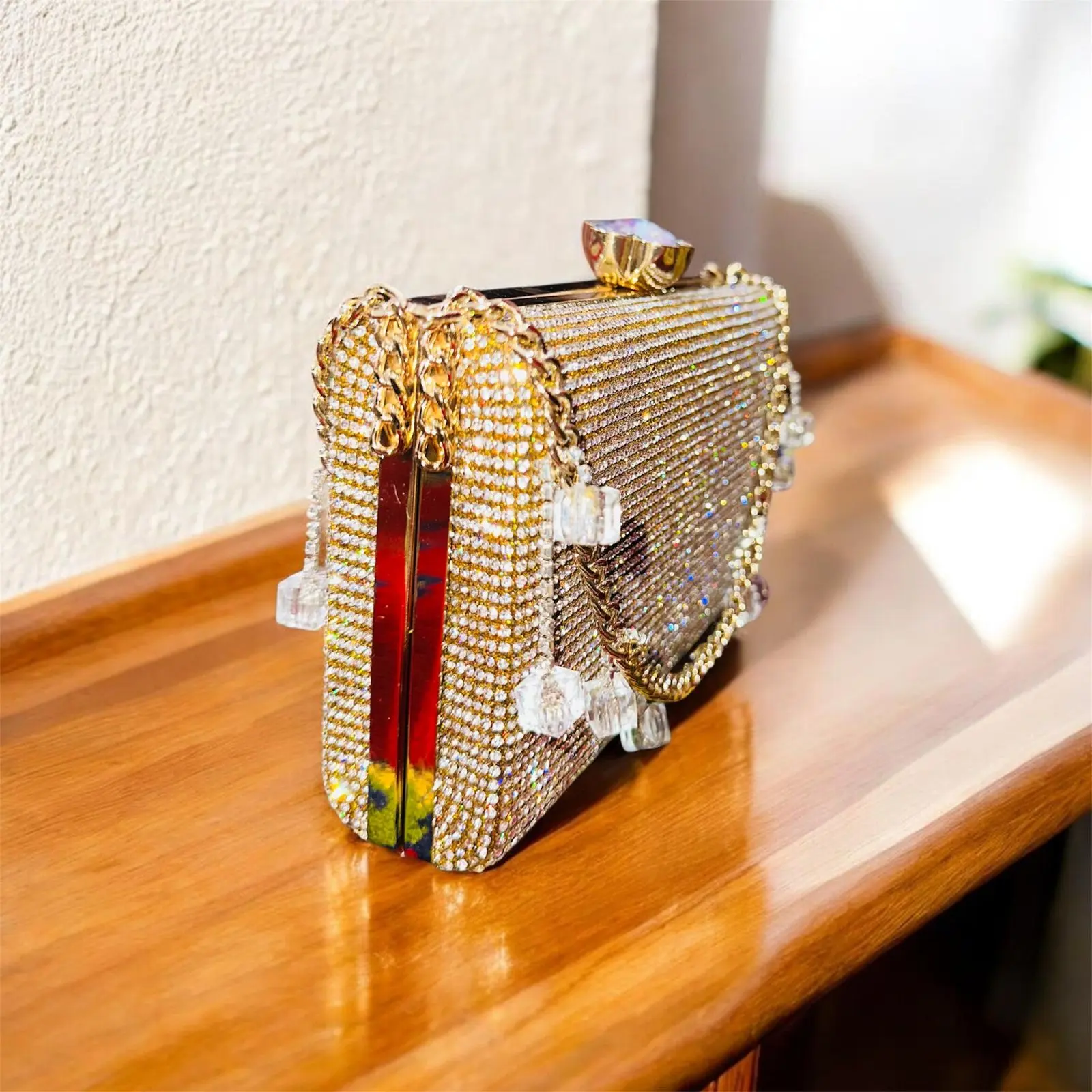 Women's Metallic Geometric Embroidery Evening Clutch - Lightweight, High-Capacity, Hangable Purse with Chain Strap for Parties, Weddings, Athletic Use (Fits Phone, Keys, Wallet)