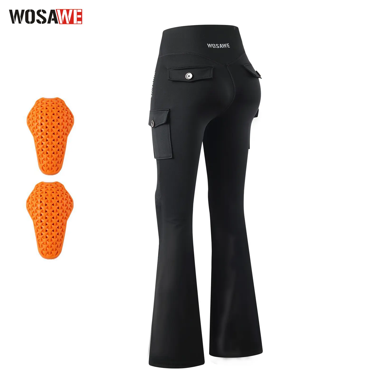WOSAWE Women's High-Waist Biker Flare Leggings - Smooth Fabric, Comfy, Tummy Control, Flat Pockets, Reflective Motorcycle Riding Gear, Hipsmoothing Lift, Knee Pads for Ride or Street Use, Clothes