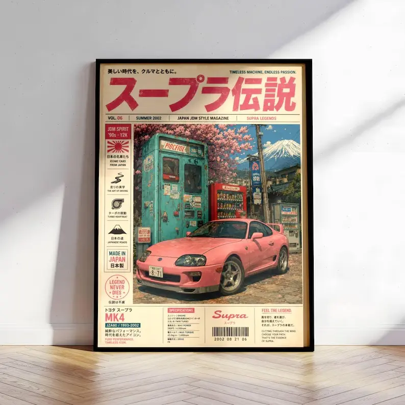 Pink MK4 Retro Sports Car Poster, Vintage JDM Poster,Japanese Automotive Wall Decor