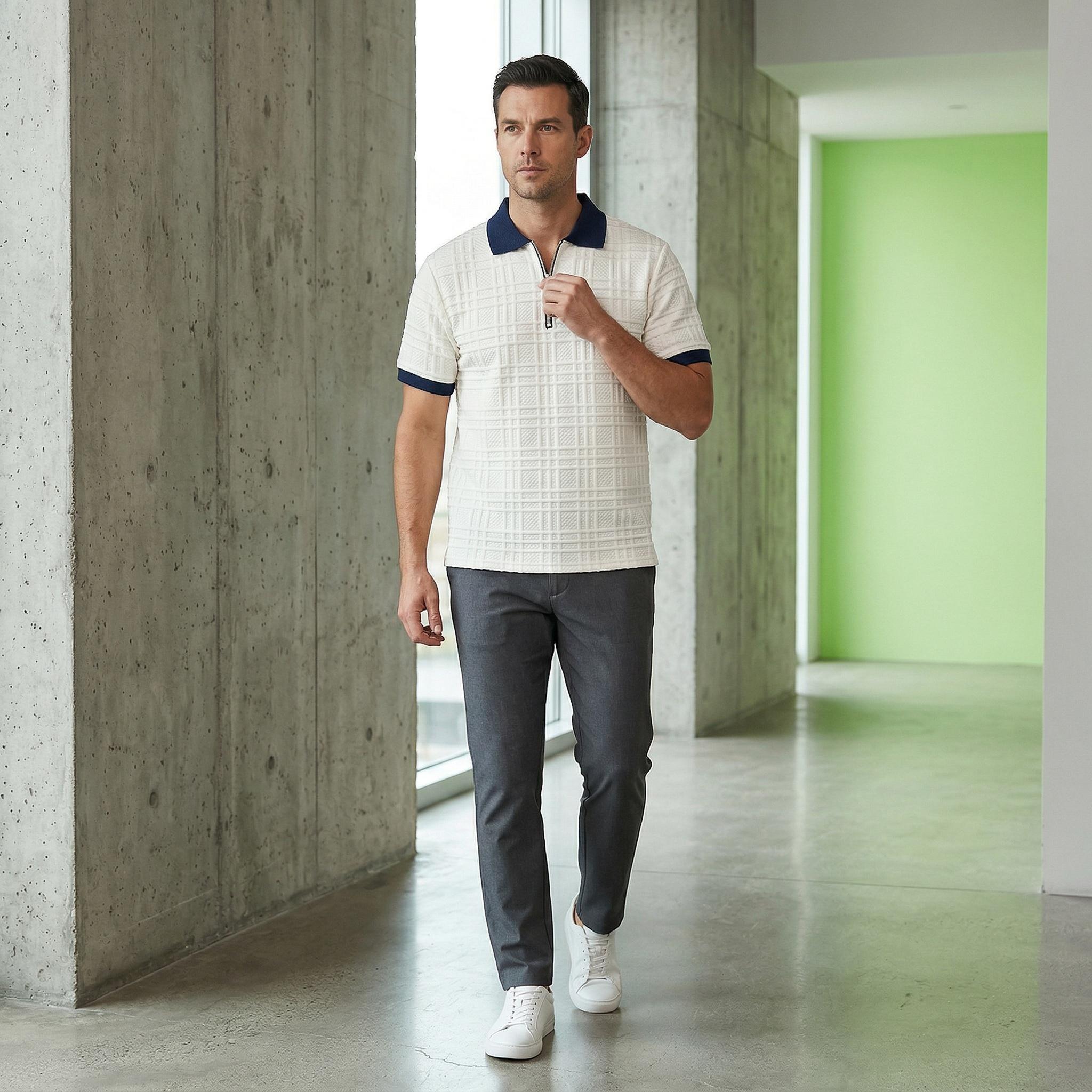 Mens Textured Half Zip Polo Shirt, Breathable Short Sleeve Golf Casual Tee for Men