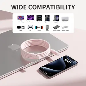Pastel Pink Magnetic Type-C Cable | Built-in Dust Cap, Fast Charge & Anti-Drop, Port Protection