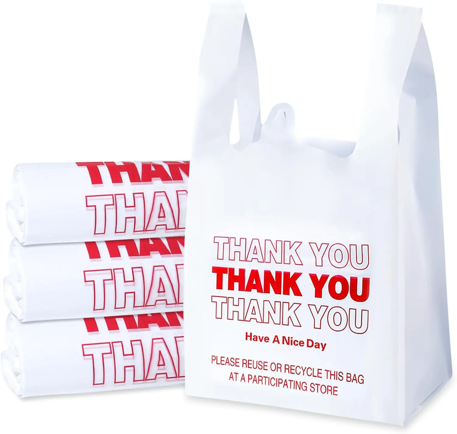 Plastic Bags, 300 Count Thank You Bags, Plastic Bags With Handles For Shopping, Grocery, Plastic Bag For Small Business (11"x 6"x 21"), Recyclable Shirt Bags, White Plastic Bag