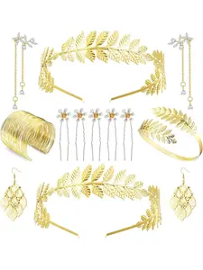 Greek Goddess Costume Jewelry Set Wedding Bridal Jewelry Gold Bracelet Earrings Lorraine Crown Hair Strap Carnival Aphrodite Costume Gold Wedding Boho Leaf Hair Crown Accessories Women