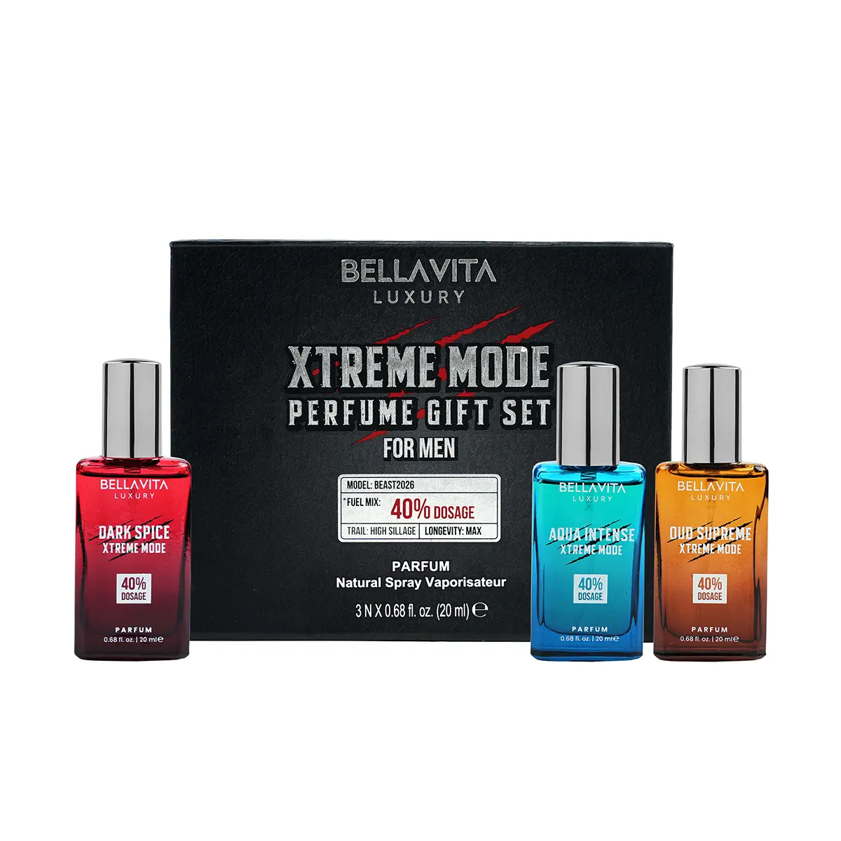 BellaVita Luxury Xtreme Mode Collection Set for Men | 3 x 20ml Long-Lasting EDP | 40% Oil Concentration | Spicy, Woody, Musk & Oud Fragrances
