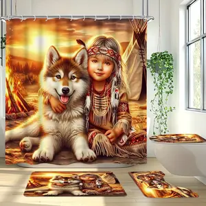 Native American Girl & Dog Pattern Shower Curtain Set, 4 Counts/set Including Shower Curtain & Toilet U-shape Mat & Bath Mat & Toilet Lid Cover, Bathroom Decor Supplies