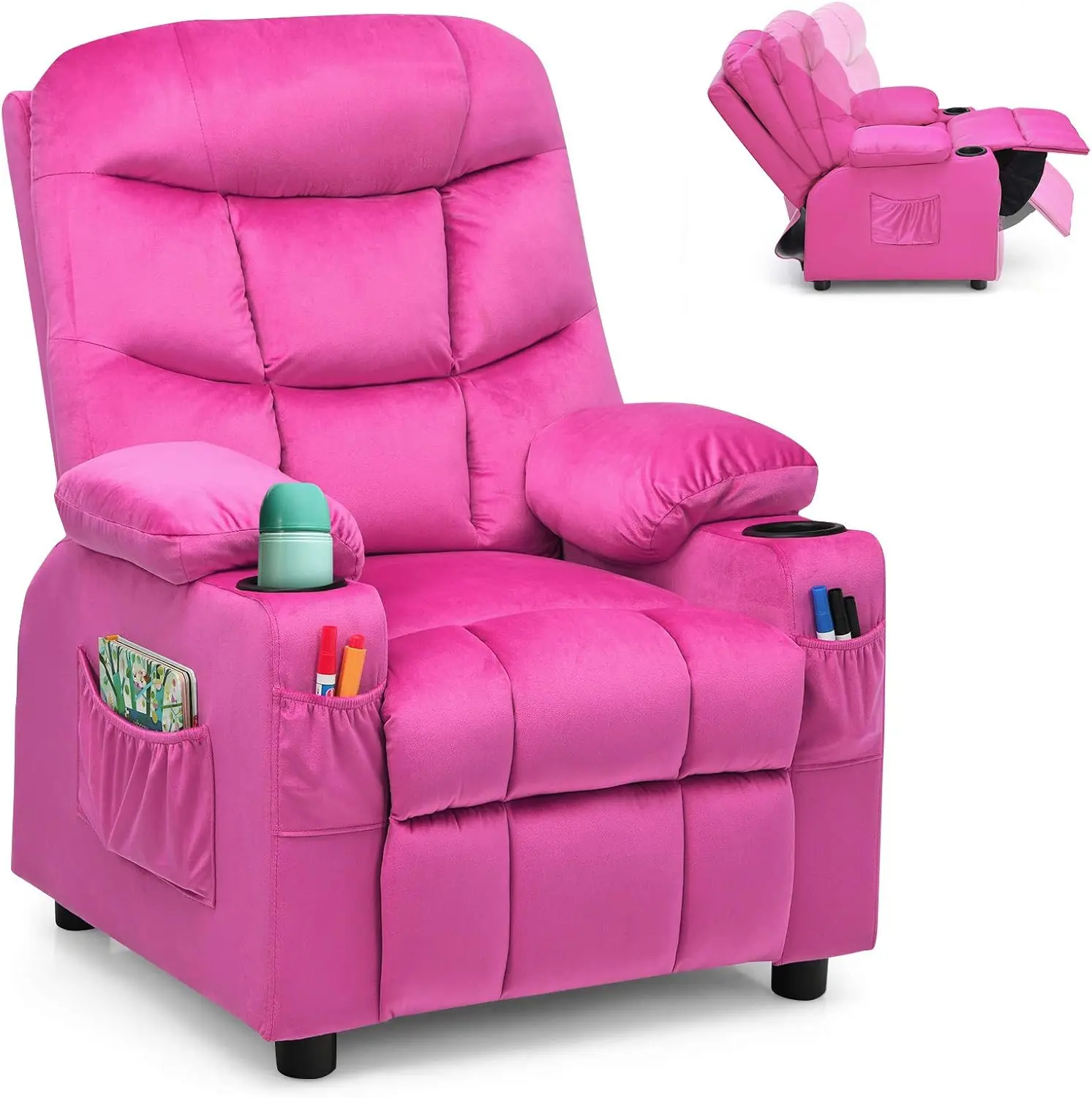 Costzon Kids Velvet Recliner Chair with Cup Holder, Footrest & Side Pockets for Children Boys Girls Baby Bedroom, Adjustable, Ergonomic Toddler Furniture Sofa Gifts