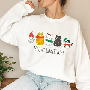 Women's Meowy Graphic Top - Christmas Sweater, Hoodie, Stylish Shirt for Lovers, Noel Mom Gift for Xmas, New Year