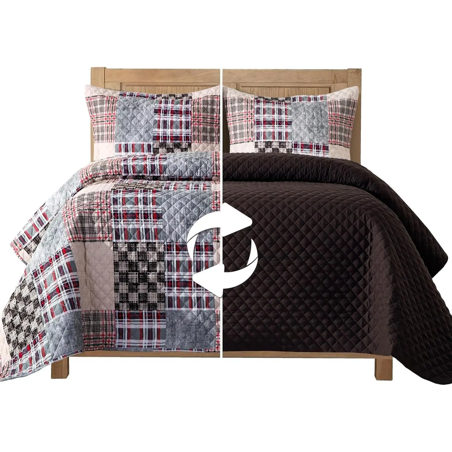 3PC Patchwork Quilted Coverlet Set, Twin XL, Plaid Brown