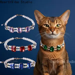 2026 Abi Cat Pearl Collar Gemstone Rhinestone Pet Necklace Luxury Cat Accessories Dress Up Accessories Wholesale