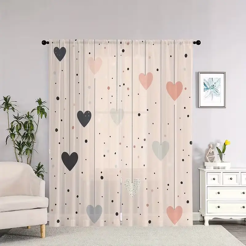 2-piece set of Dian Dian heart-shaped curtains, romantic polyester material semi transparent party home decoration curtains, suitable for bedrooms, living rooms, dining rooms, kitchens, study rooms, and offices, Window Curtain