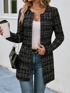 women's mid-length plaid coat, casual fashion outerwear, long sleeve button front jacket, fall & winter clothing, ladies' stylish overcoat, tops