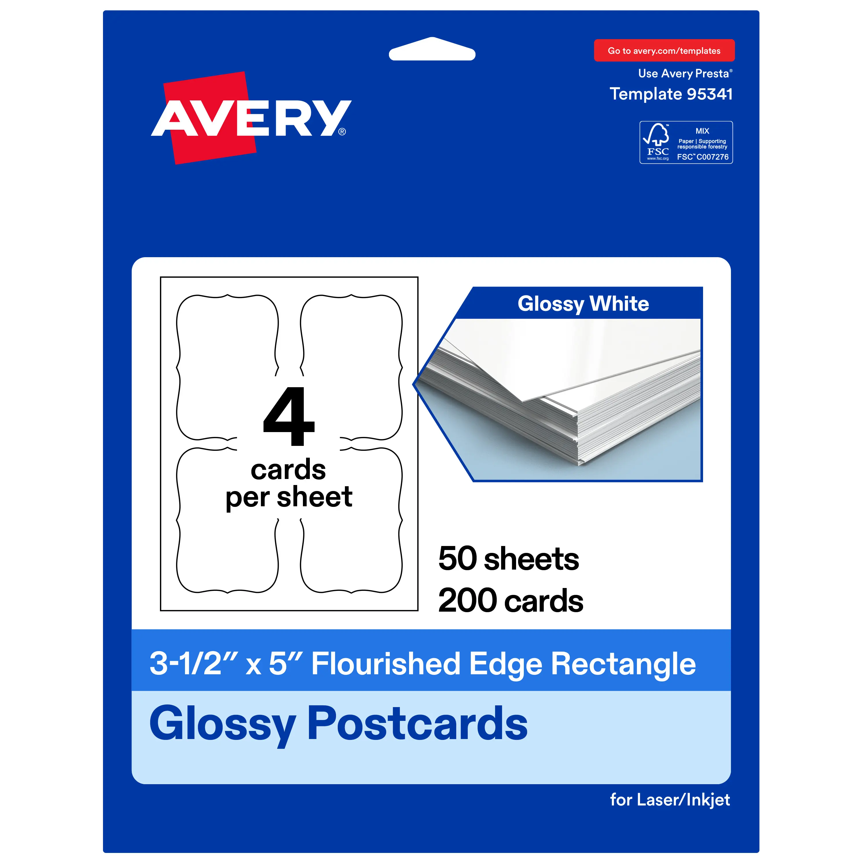 Avery Glossy White Postcards, 3-1/2" x 5" Rectangle Flourished Edge