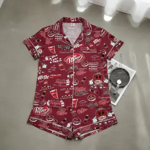 Dr Pepper Burgundy Pajama Set for Women – Cute Graphic Button-Up Sleepwear with Shorts