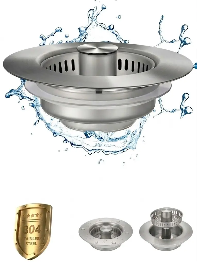3-in-1 Stainless Steel Rustproof Bathtub Accessories, Deodorizing Anti-Clog Sink Drain Strainer Plug Basket for US Standard 3-1/2 in Drains