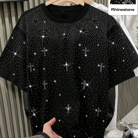 Y2K Aesthetic Rhinestone Cross Graphic Oversized T-Shirt - Sparkly Cyber Goth Casual Streetwear for Night Out & Clubbing, Unisex Loose Fit Bling Tee Top