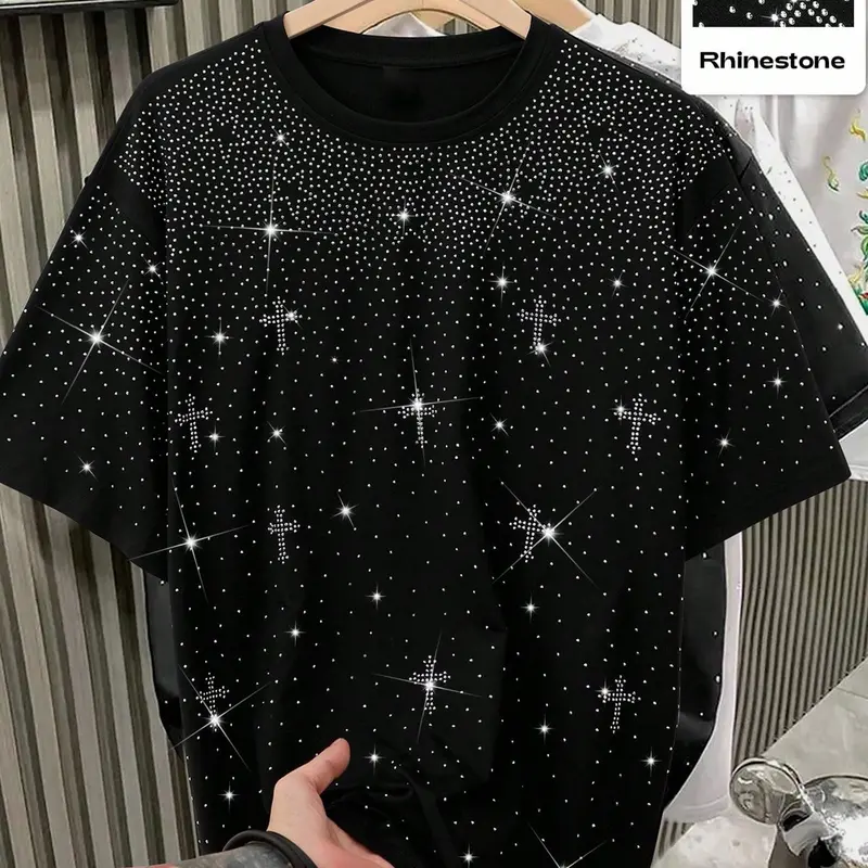 Y2K Aesthetic Rhinestone Cross Graphic Oversized T-Shirt - Sparkly Cyber Goth Casual Streetwear for Night Out & Clubbing, Unisex Loose Fit Bling Tee Top