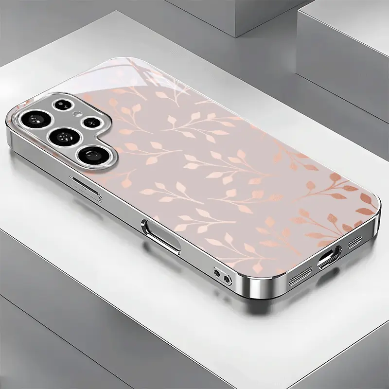 High-End Minimalist Blush Pink Grass Metal Electroplated Silver Shockproof Phone Case - Smartphone, Cellphone, Handheld Devices Protection for Samsung Galaxy S20-S25 Plus, A05-A06, A14-A16, A24-A26, A34-A36, A54-A56 Stylish Year-Round Cover