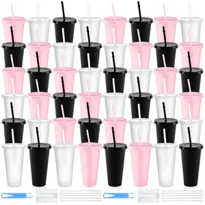 HILAKE 48pcs 24oz Plastic Tumblers with Lids Straws | Black Pink Clear | Includes 2 Cup Brushes & 10 Straw Brushes | Kitchen Decor, Home Decor, Coffee Cups, Water Bottles, Car Accessories