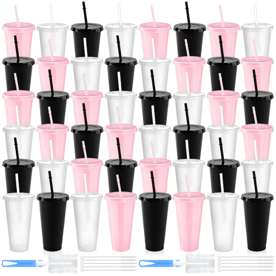 HILAKE 48pcs 24oz Plastic Tumblers with Lids Straws | Black Pink Clear | Includes 2 Cup Brushes & 10 Straw Brushes | Kitchen Decor, Home Decor, Coffee Cups, Water Bottles, Car Accessories