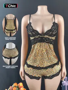 Women's Leopard Print Lace Cup Cami & Shorts Sleepwear Set, Lingerie, Fashionable Fitted Home Wear, Comfortable Relaxing Nightgown