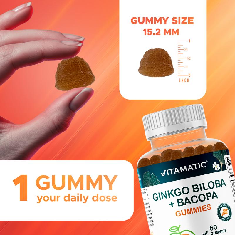 Vitamatic Ginkgo Biloba & Bacopa Gummies - 1250mg Peach Flavor - 60 Vegan Non-GMO Gluten-Free Gummies - Made in USA