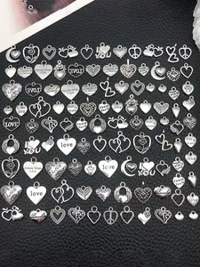 105pcs Antique Silvery Heart Charms, Alloy Pendants for DIY Jewelry Making, Vintage Sweet Heart Hollow Charms, Craft Accessories