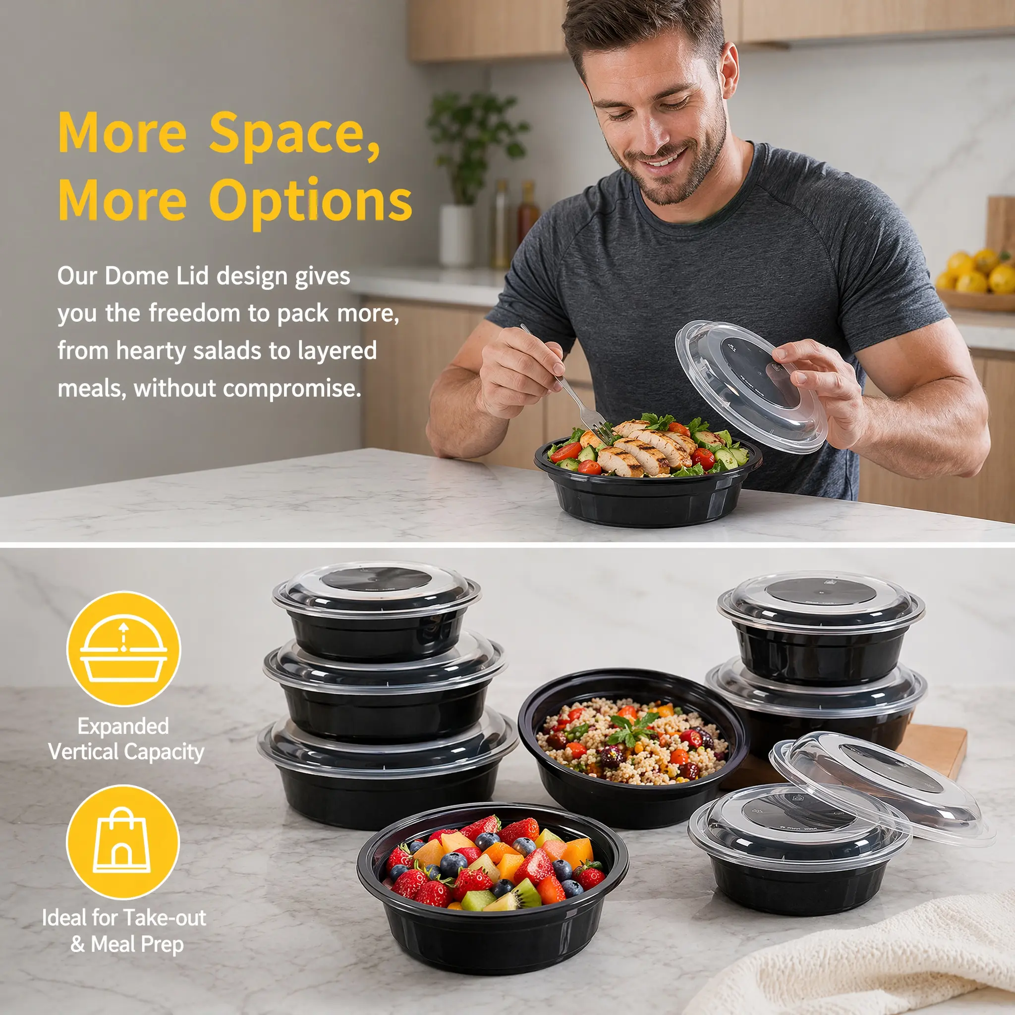 40 Pack 24oz Round Disposable Meal Prep Bowls with Lids Stackable Microwave Freezer Safe Food Containers for Catering Home Takeout