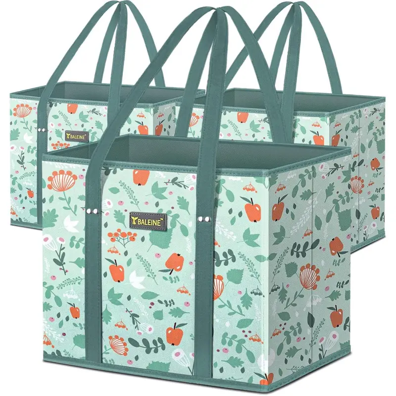 PLL 3-Pack Reusable Grocery Bags| Heavy-Duty Foldable Totes with Reinforced Bottom