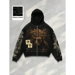 Men's Street Life Men's street style graphic lettering and religious figure Jesus print zip-up hoodie for fall and winter