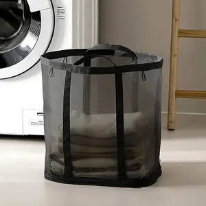 Collapsible Foldable Breathable Mesh Bag with Handles Space-saving Laundry Basket Travel Tote Beach Bag 1 Piece Black