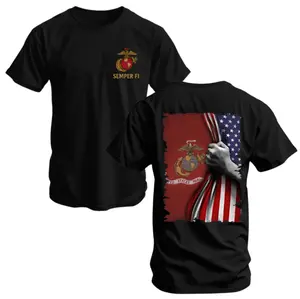 Marine Corps T-Shirt, Semper Fi Graphic, USMC Flag Tear Design, Cotton Shirt for Military Veterans, Patriotic Marine T-Shirt