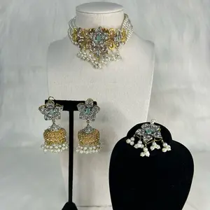Floral Pakistani Choker Necklace with Jhumka Earrings & Tikka Set - Elegant Design for Women, Ideal for Cultural and Versatile Outfits