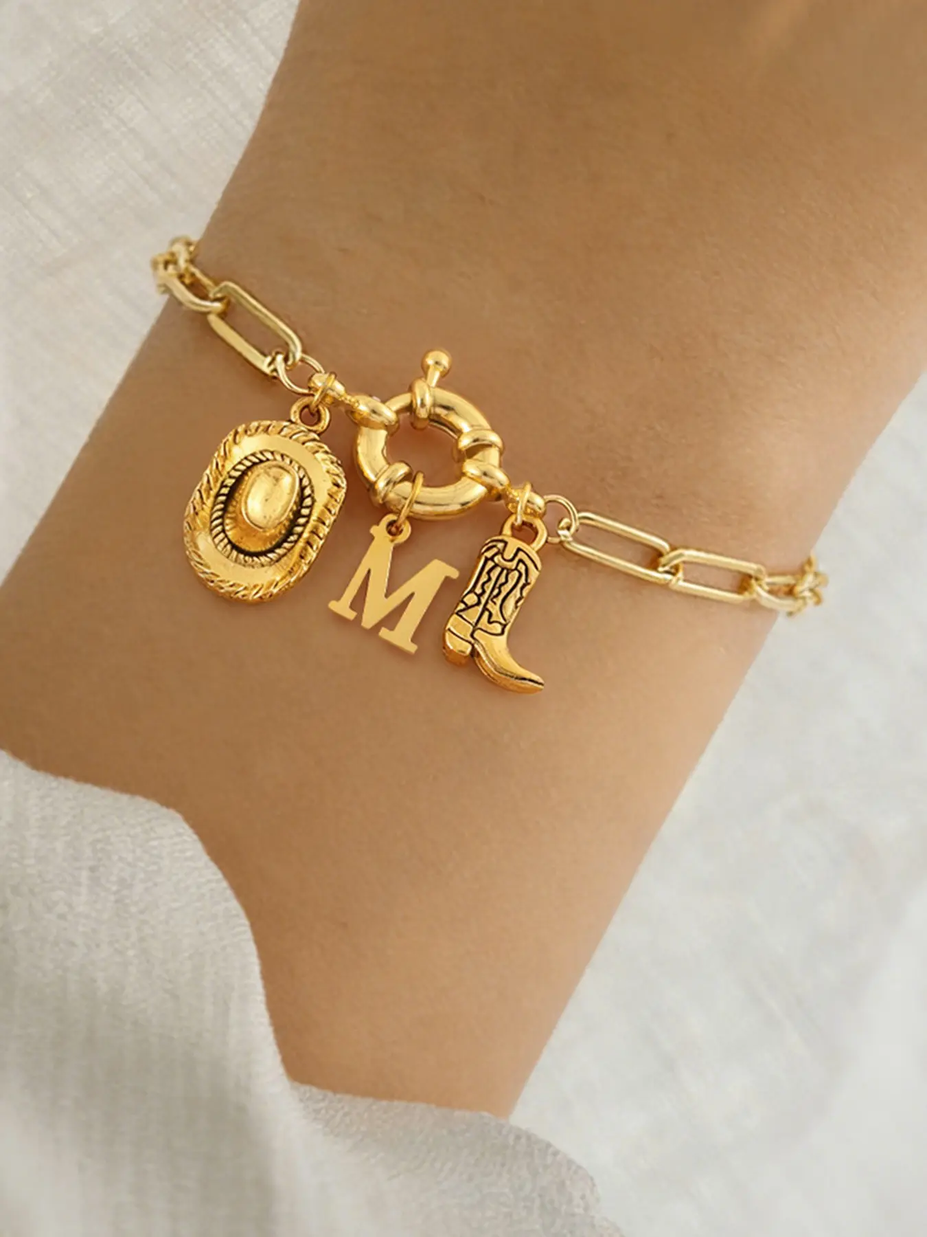 Women's Western Cowboy Hat Boots Initial Spring Buckle Bracelet, Elegant Bangle, Vintage Stainless Steel Paper Clip Chain, Elegant Retro Style Paperclip Chain Bracelet, Bracelet Jewelry, Fashion Bracelet