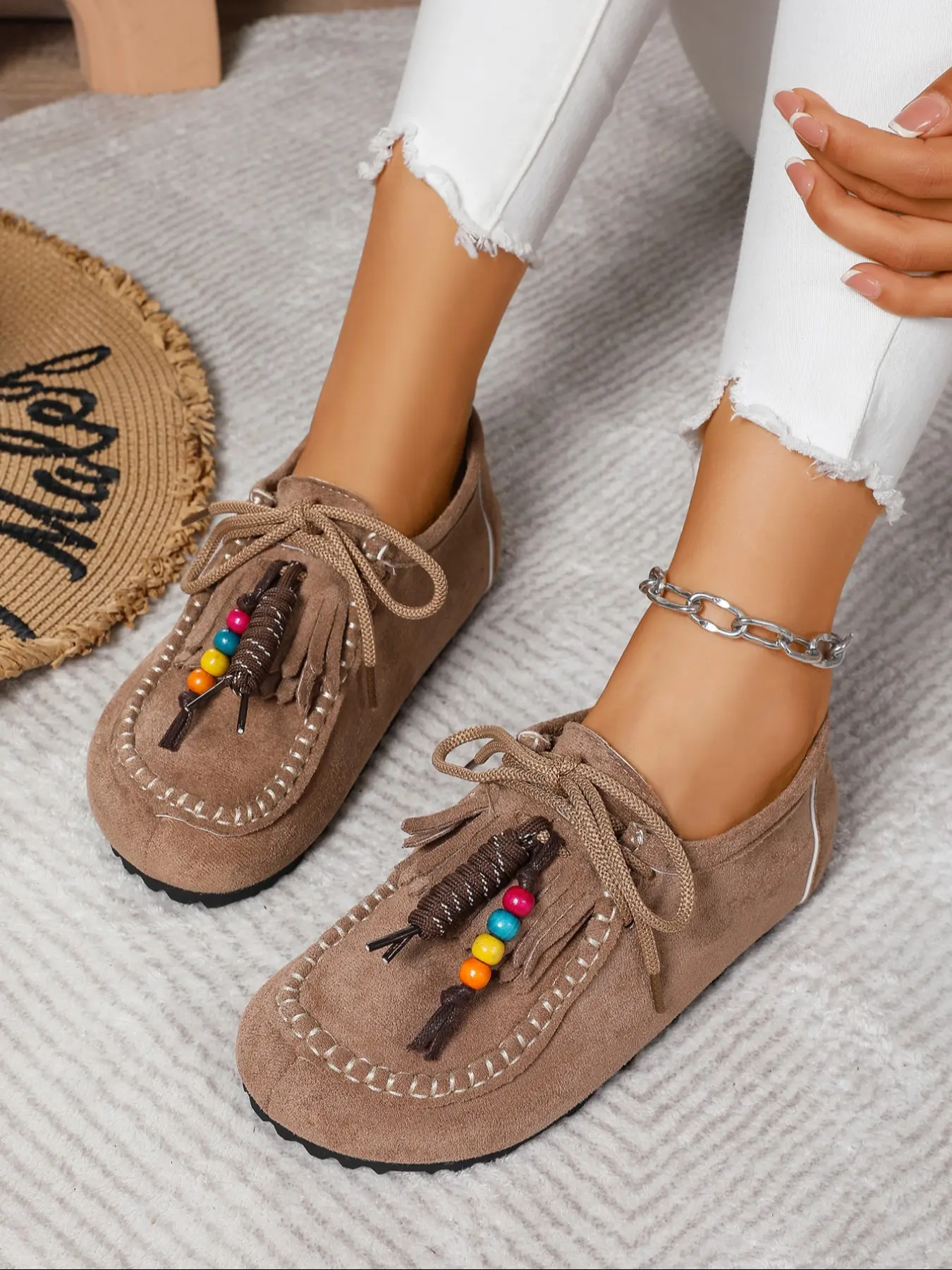 2025 New Women's Round-Toe Cork suede Clog Mules – Outdoor Fitness Shoes with Arch Support, Casual Shoes Clogs, Boho Beaded Tassel Moccasins for Women – Soft Suede Slip-On Loafers with Arch Support, Vintage Comfort Walking Flats
