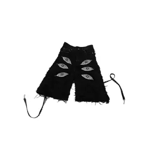 Men's Gothic 6-Eye Distressed Wide Leg Denim Jorts |   Black Frayed Streetwear Shorts for Alt Fashion
