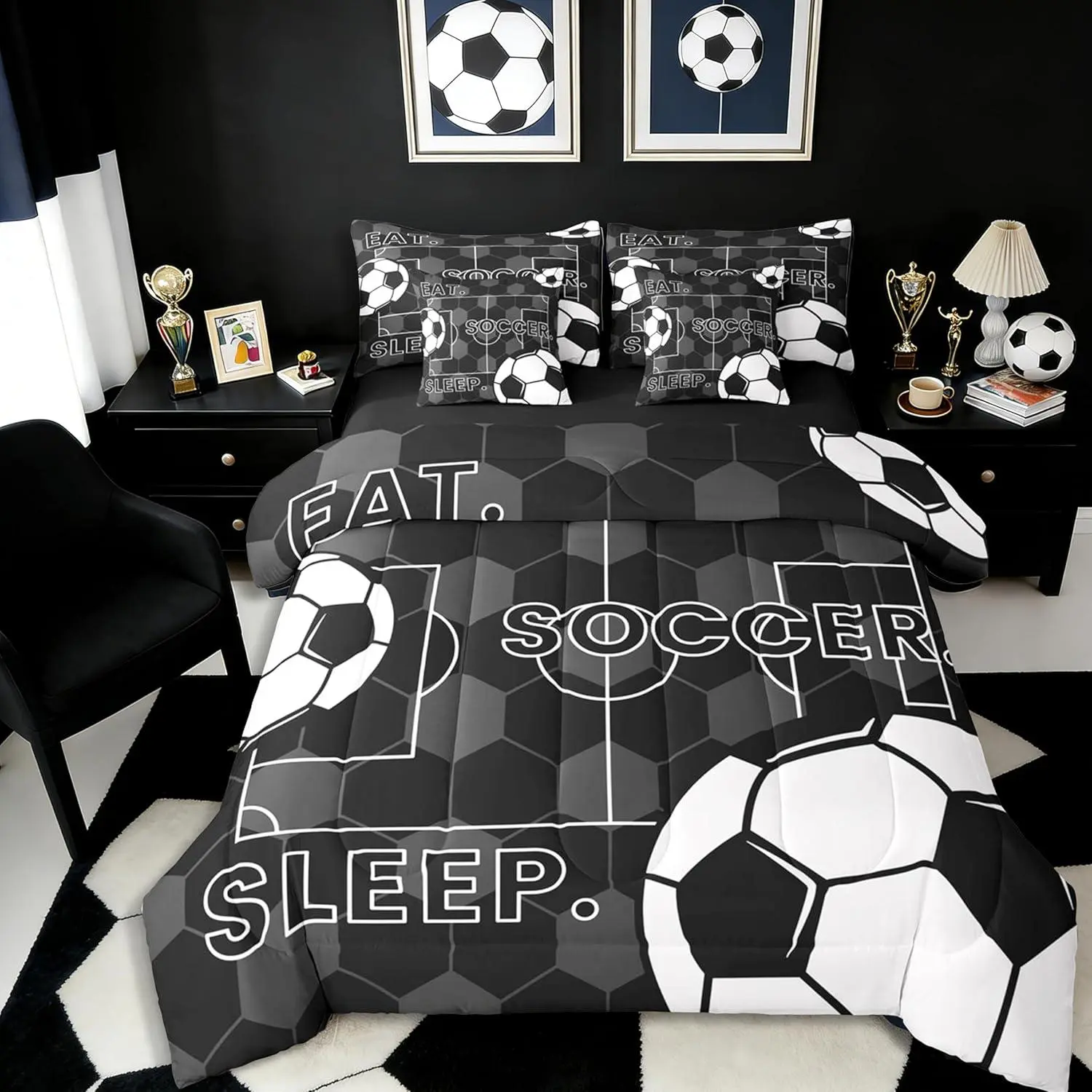 Black White Football Comforter Set with Sheets 7 Piece 3D Soccer Field Bed in A Bag Eat Sleep Soccer Bedding Set,for Women Men Football Lover Gift Bed Set