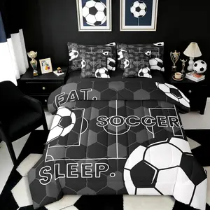 Black White Football Comforter Set with Sheets 7 Piece 3D Soccer Field Bed in A Bag Eat Sleep Soccer Bedding Set,for Women Men Football Lover Gift Bed Set