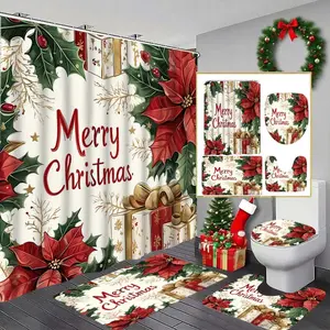 4pcs Christmas Winter Shower Curtain Set with Gift Balls, Snowflake, and Bow, Red & Green Polyester Fabric, Washable, U-Shaped Toilet Lid Cover, Non-Slip Bath Mat, Festive Holiday Bathroom Decor with 12 Hooks, Shower Essentials