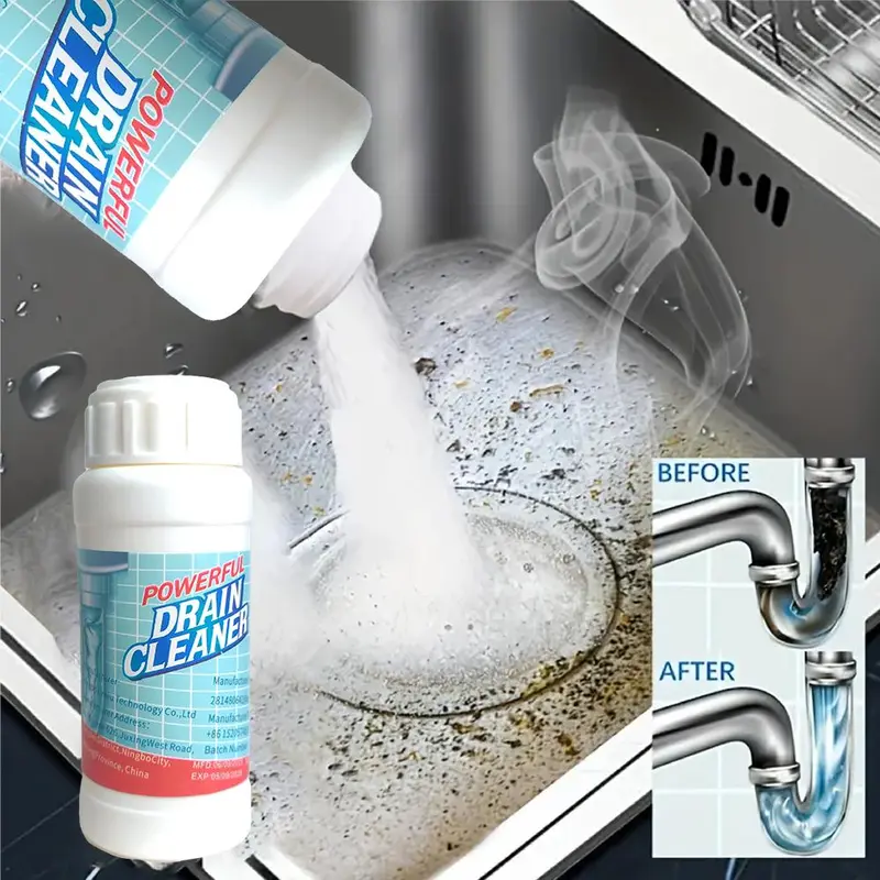 BOZEBI Household Powder Drain Unclogger Cleaner - Lightweight, Lemon-Scented, Non-Chemical, Toxic-Free, Gentle, Low-Foam, Odor-Control, Gloves-Compatible, Soap Bottle-Fitting, 24-Month Durability, Milder Home Use for Bathtub, Kitchen Sink Grease Cleanup,