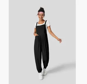 Adjustable Strap Overalls Buttons Multi-Pockets Pleated Waffle Casual Jogging Overalls Gray Overalls Women baggy jeans