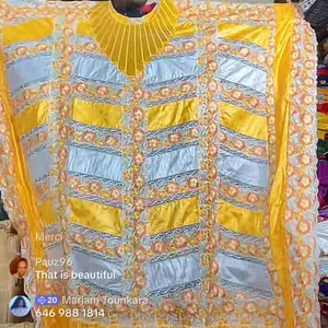 Bazin Grand Boubou - Yellow and Blue Patterned Traditional African Dress with Intricate Embroidery