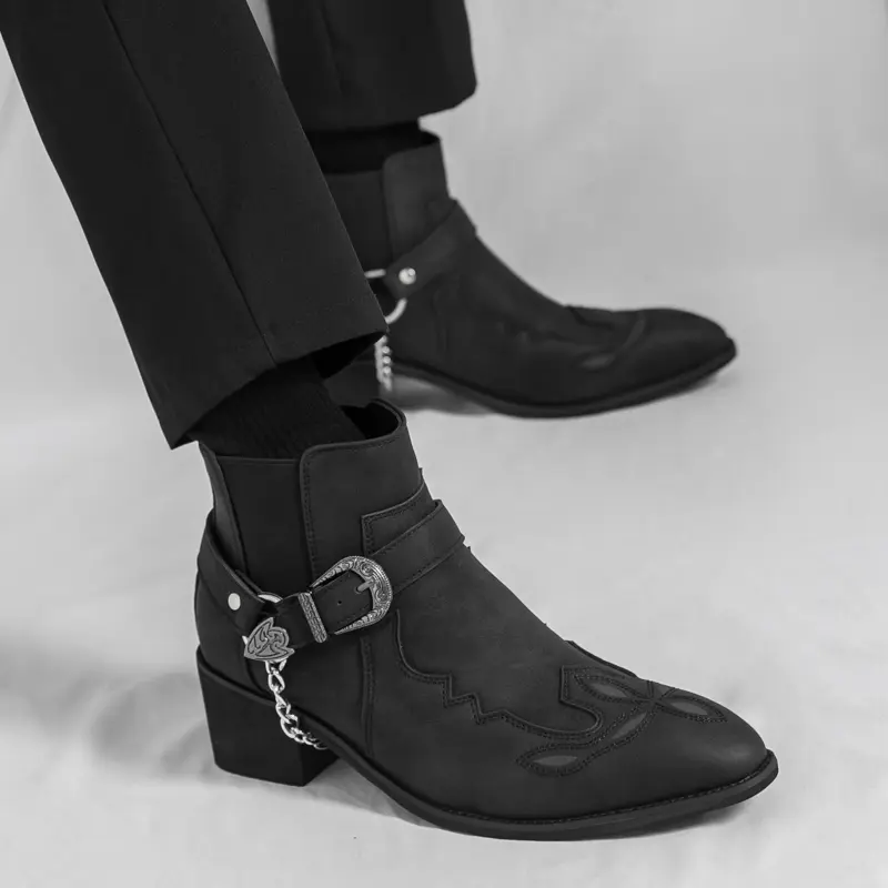 Men\'s All Black Slip On Western Boots With Chic Embroidered Durable Short Boot Amazon.com | Men main image 4
